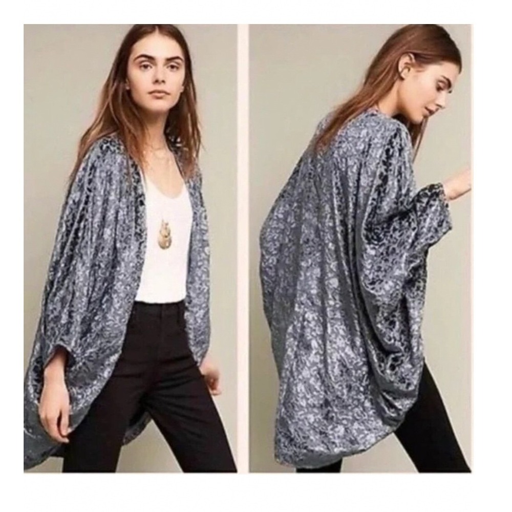 Anthropologie Feathers by Tolani Velvet Maja Cocoon Open Front Kimono OS Blue